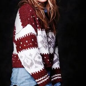 Free People Women's M Cropped Knit Pullover Burgundy Red Fair Isle Sweater